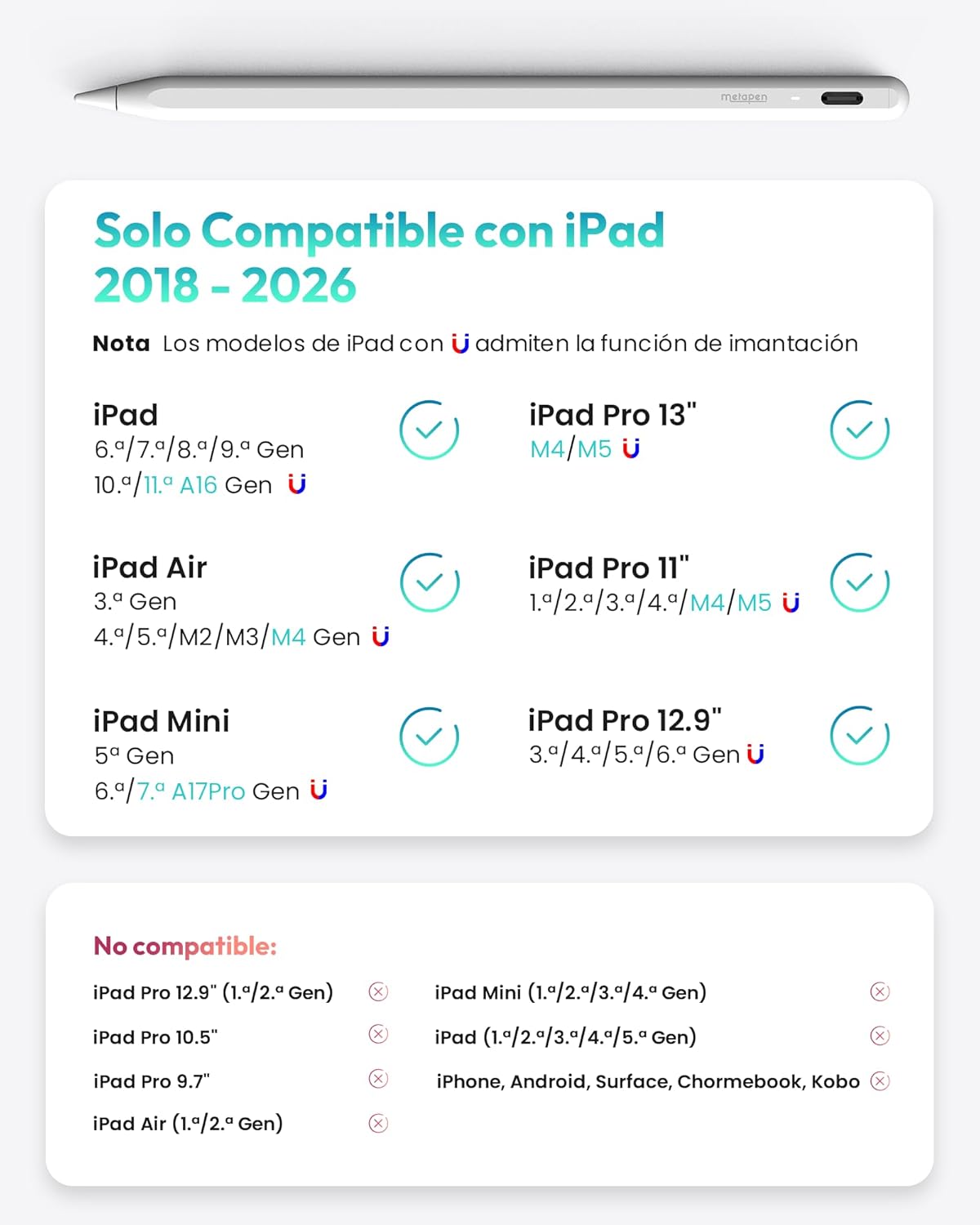 Metapen A8 V4 Lápiz para iPad 2018-2026,Atracción Magnética Mejorada,2X Carga Rápida,Baja Latencia,Pencil para Apple iPad 11 A16/10/9/8/7/6,Pro M5/M4/11/12.9"/13",Air 3/4/5/M2/M3/M4,Mini 5/6/7 A17 Pro - 2