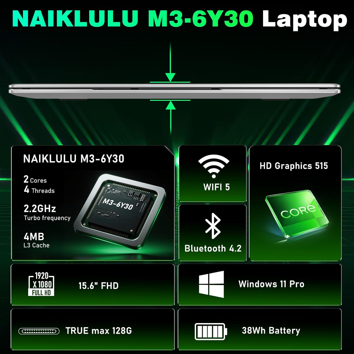 NAIKLULU 15.6 Pulgadas Ordenador Portatil RAM 16GB SSD 512GB, Processor M3-6Y30 Pc Portatil Laptop Notebook Computadora Portatil, 5000Mah/1920x1080P/Webcam/Ranura para Tarjeta TF - 2