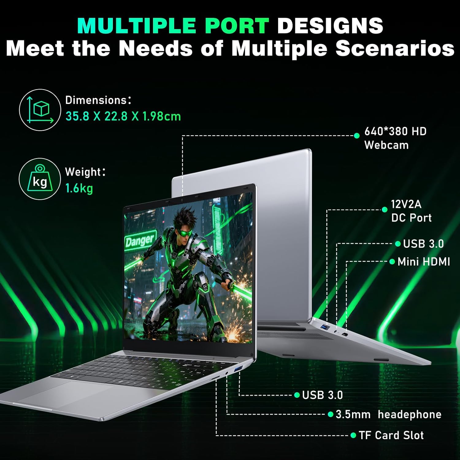NAIKLULU 15.6 Pulgadas Ordenador Portatil RAM 16GB SSD 512GB, Processor M3-6Y30 Pc Portatil Laptop Notebook Computadora Portatil, 5000Mah/1920x1080P/Webcam/Ranura para Tarjeta TF - 5