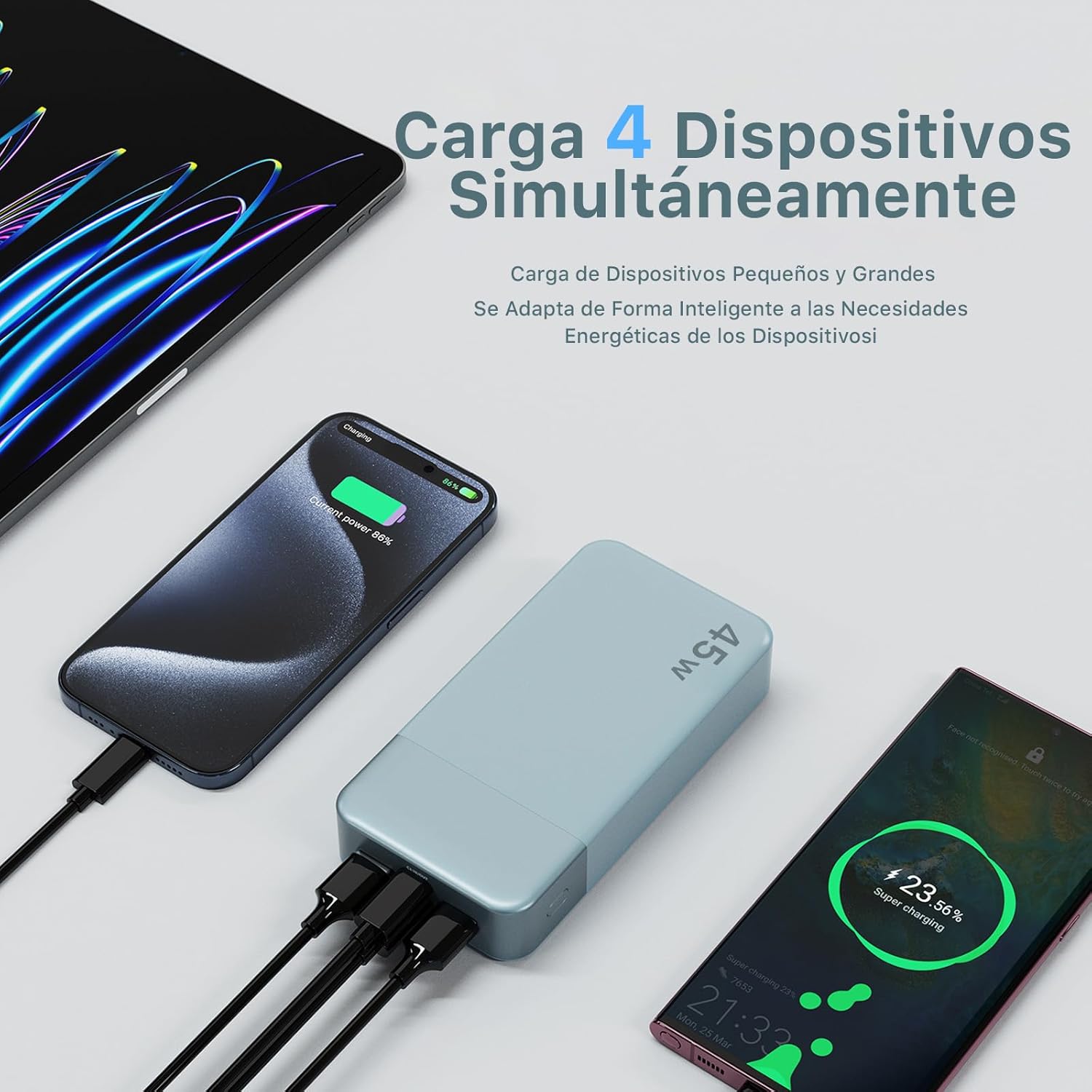 NOBIS 20000mAh Power Bank, 45W Bateria Externa Carga Rapida,PD3.0 QC4.0 Powerbank con 4 Salidas para MacBook, Phone 15 14 13 Pro S23 S22 (Azul) - 4