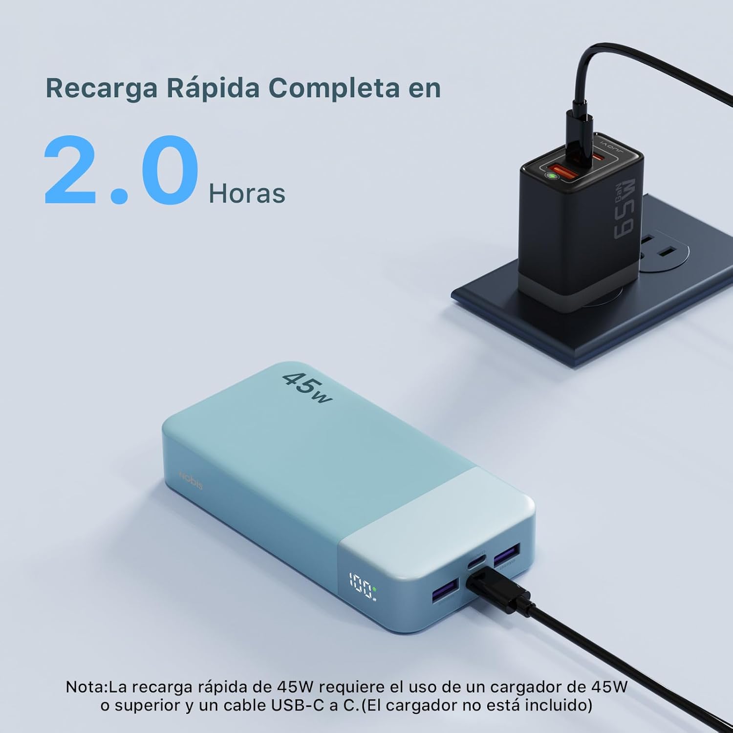NOBIS 20000mAh Power Bank, 45W Bateria Externa Carga Rapida,PD3.0 QC4.0 Powerbank con 4 Salidas para MacBook, Phone 15 14 13 Pro S23 S22 (Azul) - 5