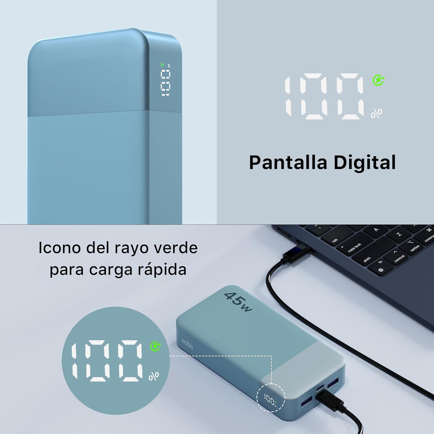NOBIS 20000mAh Power Bank, 45W Bateria Externa Carga Rapida,PD3.0 QC4.0 Powerbank con 4 Salidas para MacBook, Phone 15 14 13 Pro S23 S22 (Azul) - 6