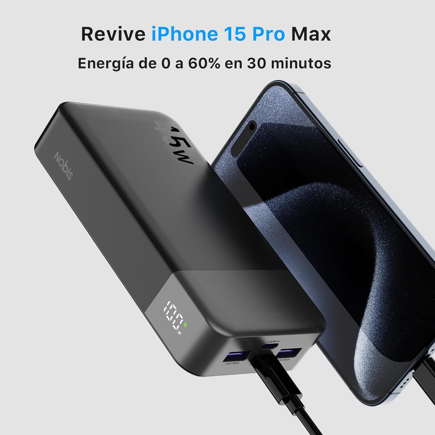 NOBIS Bateria Externa Movil 20000mah,PD3.0 45W Batería Portátil Carga Rápida,QC4.0 Power Bank con Pantalla LED para MacBook, Phone 15 14 13 Pro S23 S22 - 2