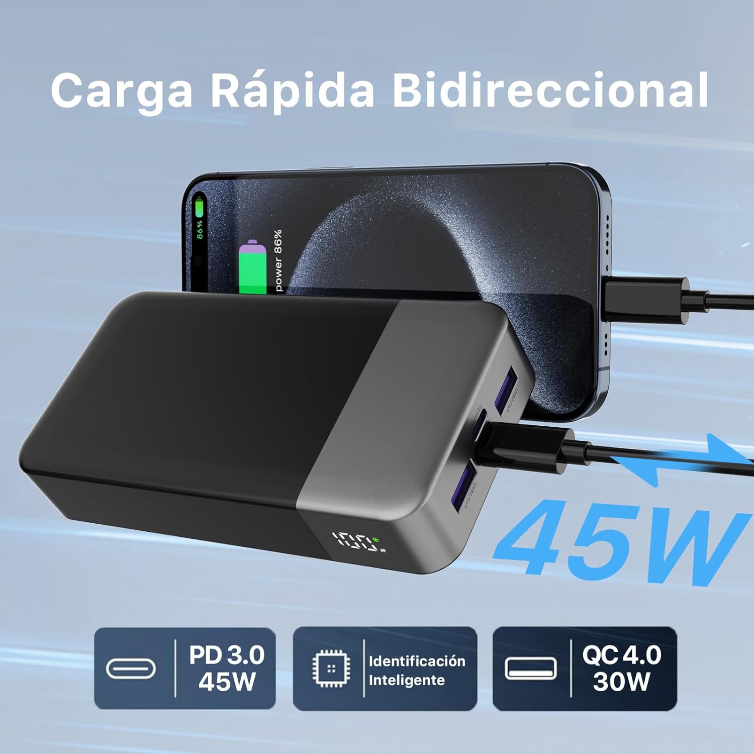 NOBIS Bateria Externa Movil 20000mah,PD3.0 45W Batería Portátil Carga Rápida,QC4.0 Power Bank con Pantalla LED para MacBook, Phone 15 14 13 Pro S23 S22 - 5