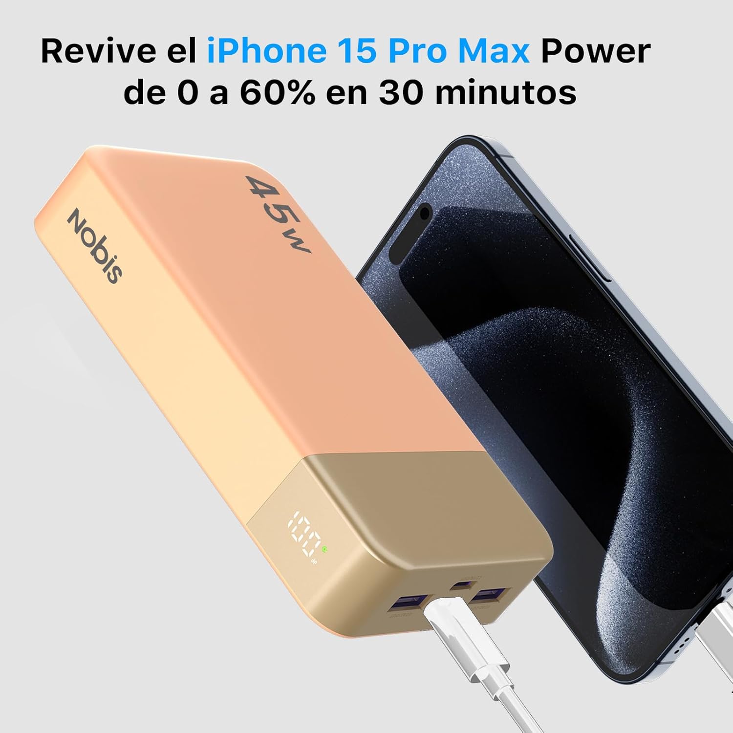 NOBIS Bateria Externa Movil 20000mah,PD3.0 45W Batería Portátil Carga Rápida,QC4.0 Power Bank con Pantalla LED para MacBook, Phone 15 14 13 Pro S23 S22 (Naranja) - 2