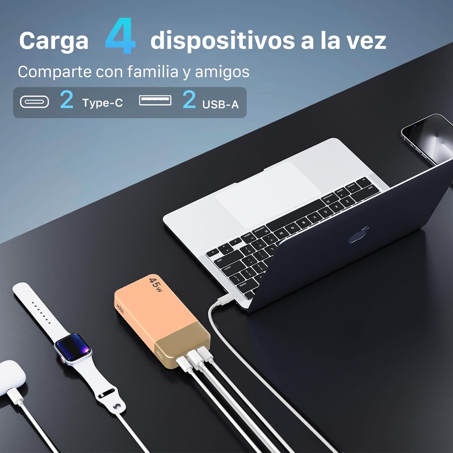 NOBIS Bateria Externa Movil 20000mah,PD3.0 45W Batería Portátil Carga Rápida,QC4.0 Power Bank con Pantalla LED para MacBook, Phone 15 14 13 Pro S23 S22 (Naranja) - 4