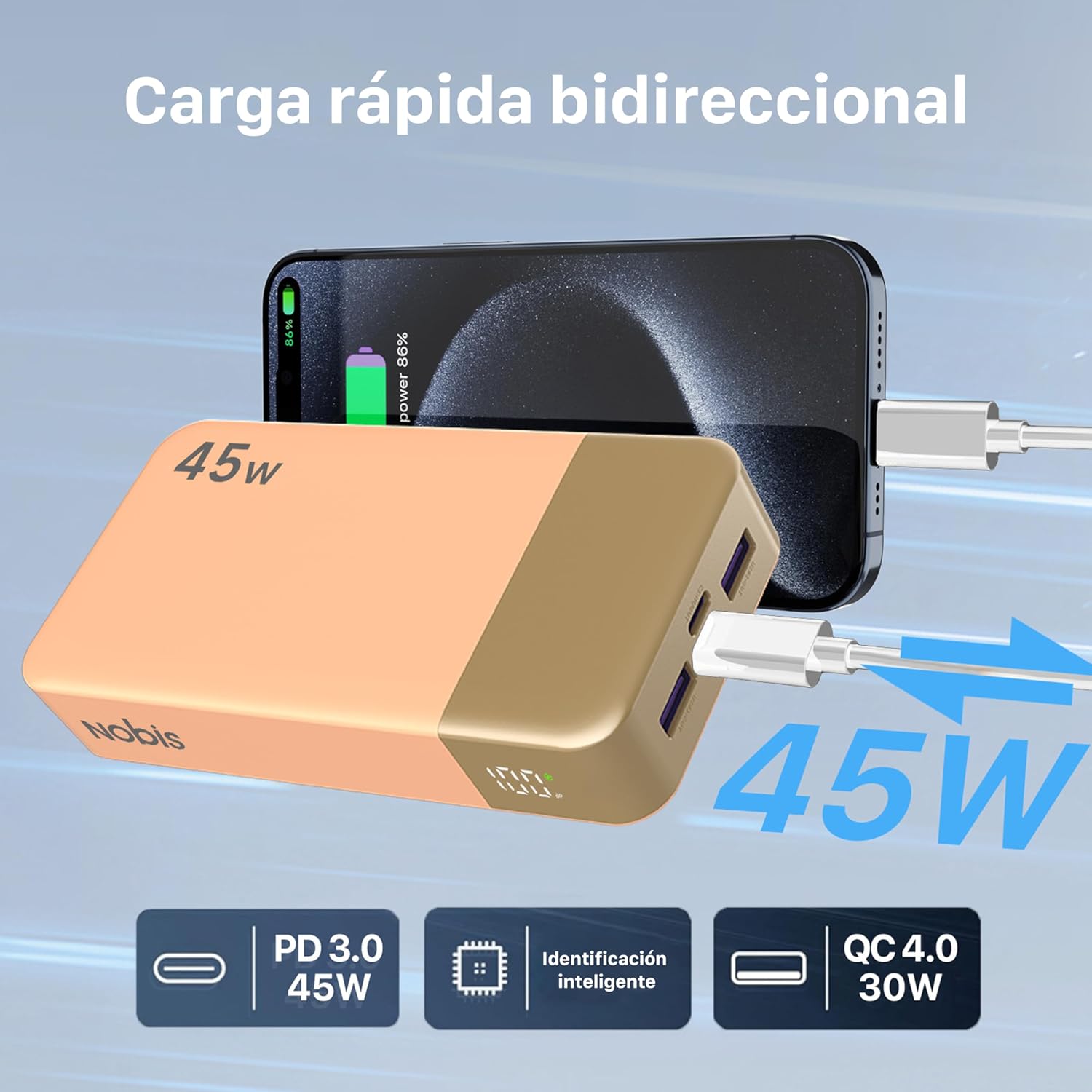 NOBIS Bateria Externa Movil 20000mah,PD3.0 45W Batería Portátil Carga Rápida,QC4.0 Power Bank con Pantalla LED para MacBook, Phone 15 14 13 Pro S23 S22 (Naranja) - 5
