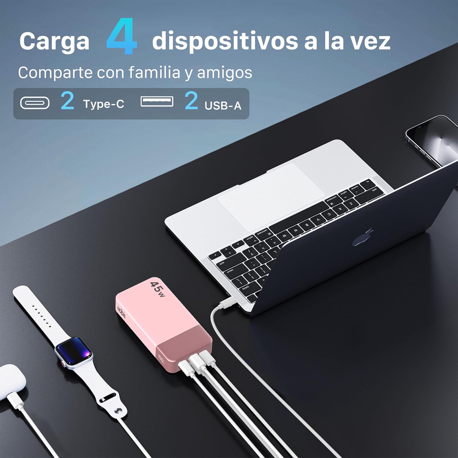 NOBIS Bateria Externa Movil 20000mah,PD3.0 45W Batería Portátil Carga Rápida,QC4.0 Power Bank con Pantalla LED para MacBook, Phone 15 14 13 Pro S23 S22 (Rosa) - 4