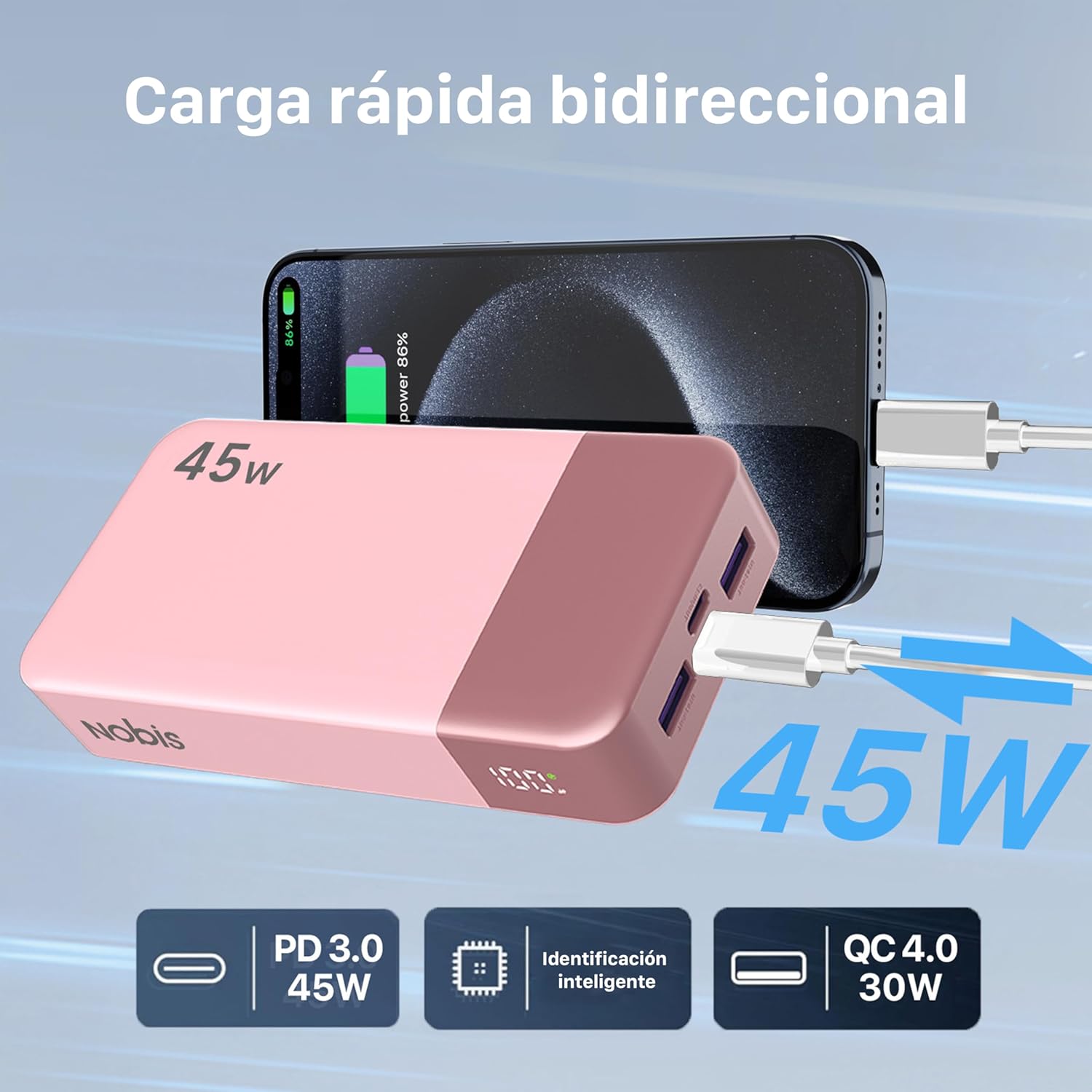 NOBIS Bateria Externa Movil 20000mah,PD3.0 45W Batería Portátil Carga Rápida,QC4.0 Power Bank con Pantalla LED para MacBook, Phone 15 14 13 Pro S23 S22 (Rosa) - 5