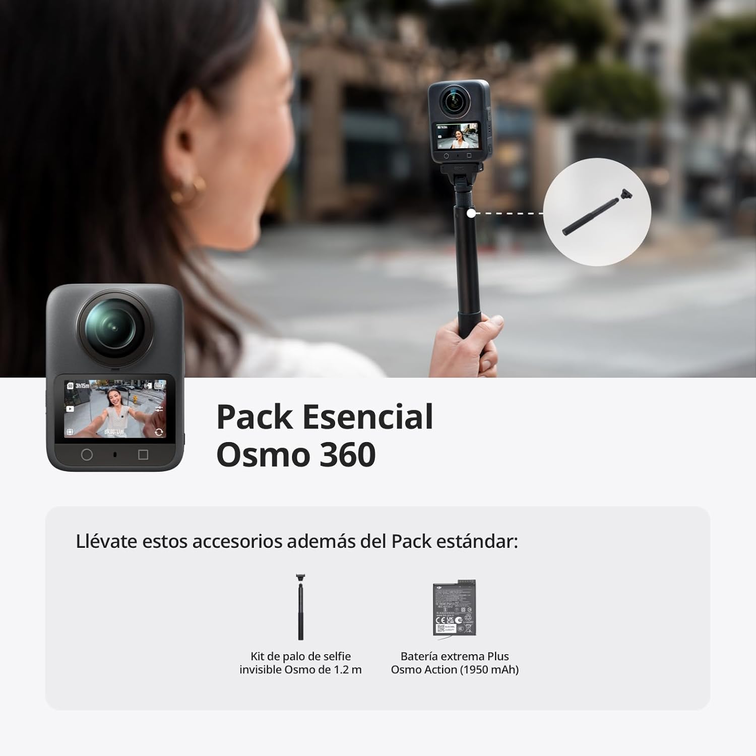 Pack Esencial dji Osmo 360, cámara 360 con Imagen 360° de 1 Pulgada, Video 360° en 8K Nativo, Video 4K/120 fps y 170° Boost, Kit de Palo de Selfie Invisible de 1.2 m, batería extendida con 2 baterías - 2