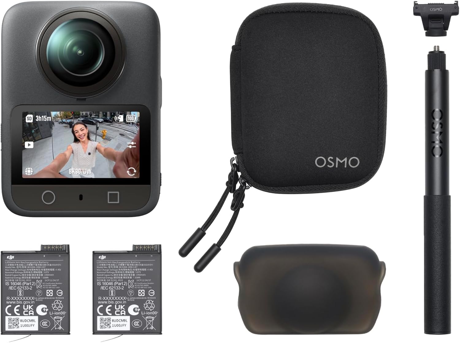 Pack Esencial dji Osmo 360, cámara 360 con Imagen 360° de 1 Pulgada, Video 360° en 8K Nativo, Video 4K/120 fps y 170° Boost, Kit de Palo de Selfie Invisible de 1.2 m, batería extendida con 2 baterías - 1