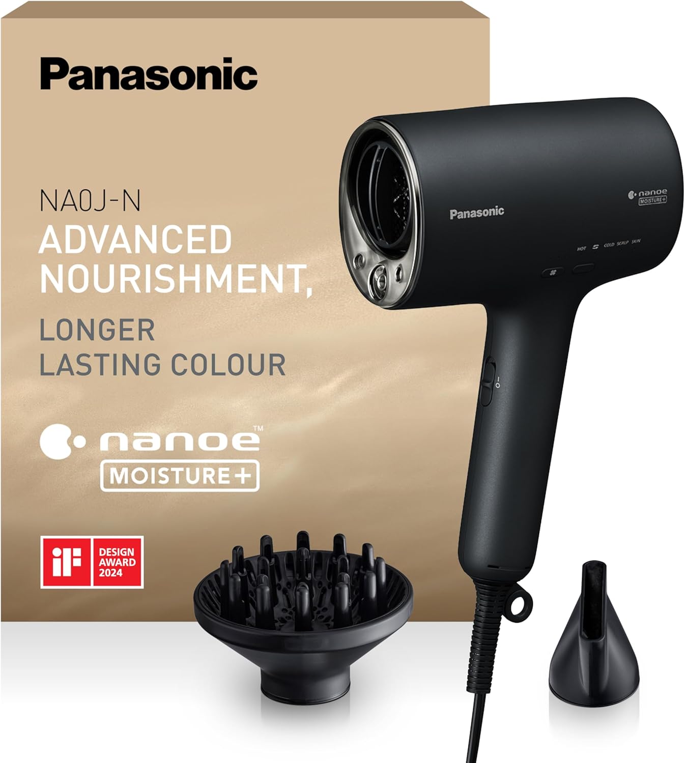 Panasonic EH-NA0J-N825 Nanoe MOISTURE+ y Secador de Cabello Mineral, if Desing Award, Detección Inteligente, Calor y Frío, Modos Cuidado de la Piel, Cuero Cabelludo y Puntas, 1600 W, Negro - 1