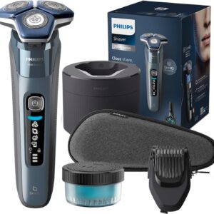 Philips Serie 7000 Afeitadora Eléctrica Hombre, Máquina de Afeitar Barba con Barbero, 45 cuchillas, Para piel sensible, 60min de uso, En Seco y Húmedo, Recargable, Centro de Limpieza, S7882/54, Azul