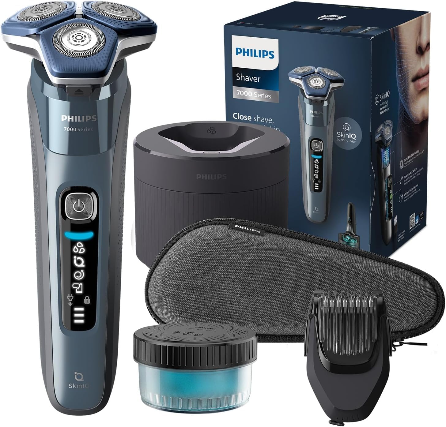 Philips Serie 7000 Afeitadora Eléctrica Hombre, Máquina de Afeitar Barba con Barbero, 45 cuchillas, Para piel sensible, 60min de uso, En Seco y Húmedo, Recargable, Centro de Limpieza, S7882/54, Azul - 1