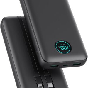 Power Bank 26800mAh con Cable, PD 25W QC4.0 Carga Rápida Batería Externa USB C, 5 Salidas Bateria Portatil con Pantalla LCD Cargador Portátil para iPhone 16/15/14, Samsung Huawei (Negro)