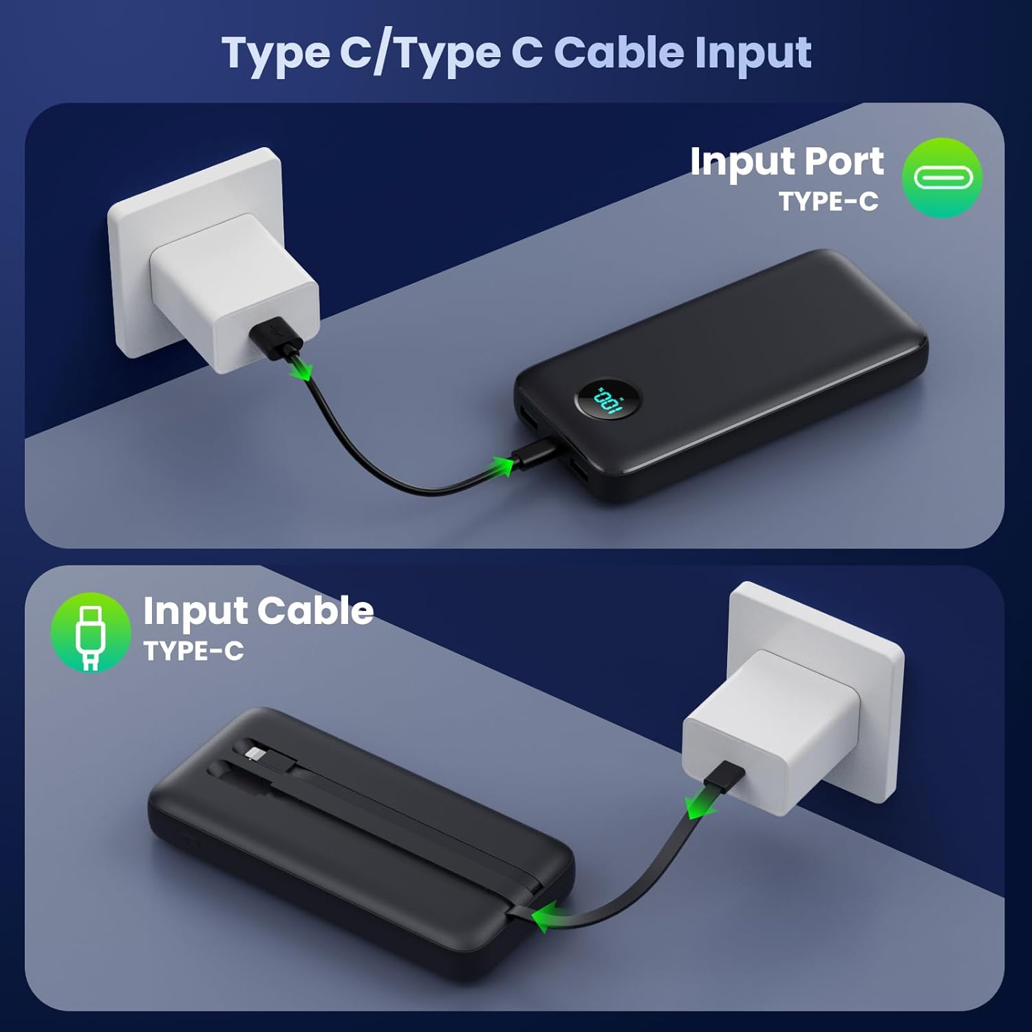 Power Bank 26800mAh con Cable, PD 25W QC4.0 Carga Rápida Batería Externa USB C, 5 Salidas Bateria Portatil con Pantalla LCD Cargador Portátil para iPhone 16/15/14, Samsung Huawei (Negro) - 5