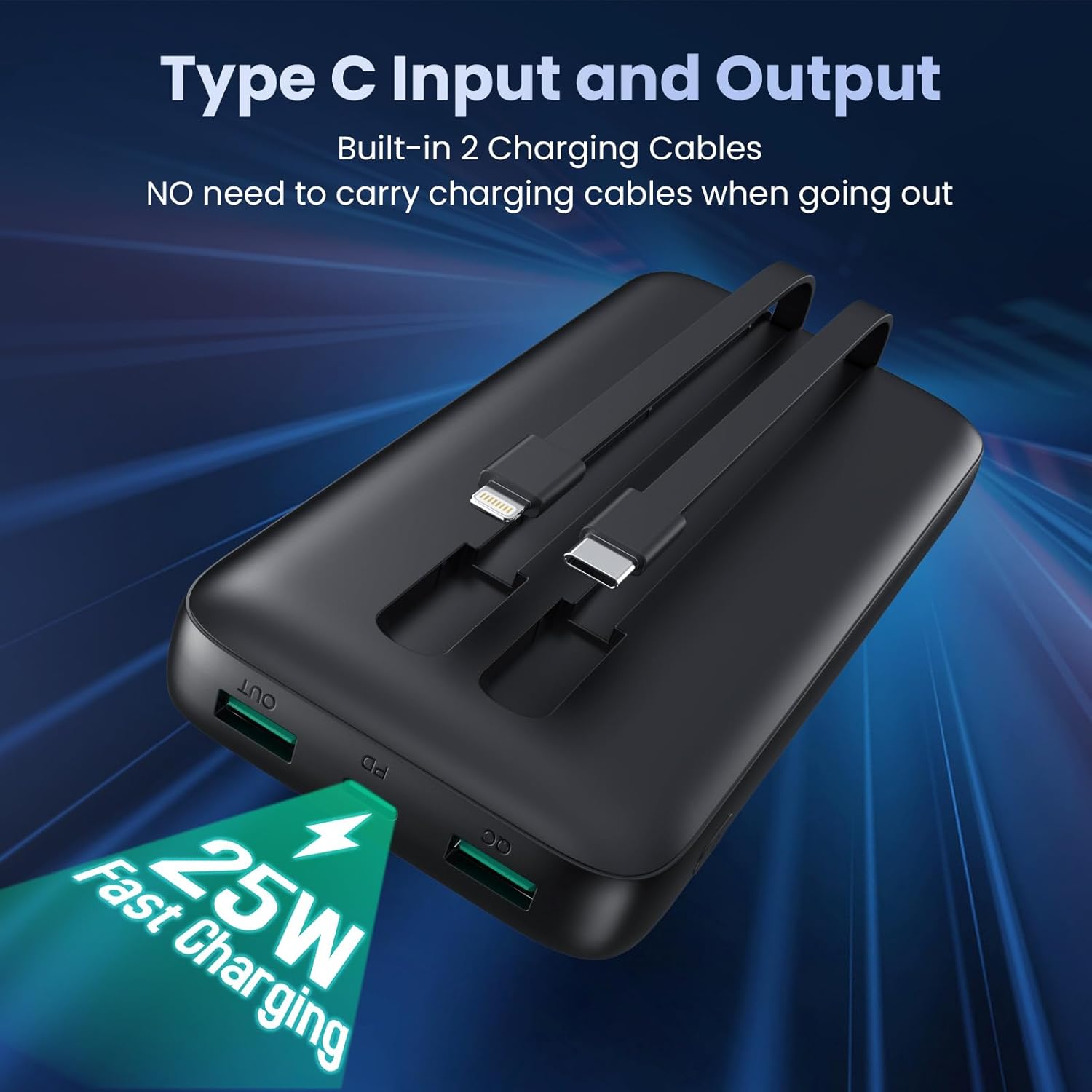 Power Bank 26800mAh con Cable, PD 25W QC4.0 Carga Rápida Batería Externa USB C, 5 Salidas Bateria Portatil con Pantalla LCD Cargador Portátil para iPhone 16/15/14, Samsung Huawei (Negro) - 6