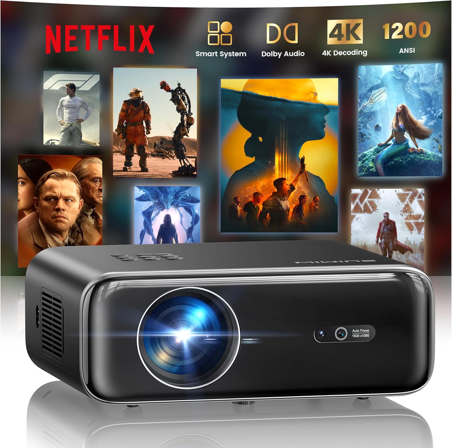 Proyector 4K【1200 ANSI/Netflix Incluido/Dolby】 Smart Proyector 4K Portátil Auto Focus/Keystone WiFi Bluetooth FHD 1080P, HDR10, Proyectors WiFi6 Exterior Zoom 50% para Cine en Casa/PPT Doble HDMI/USB - 1