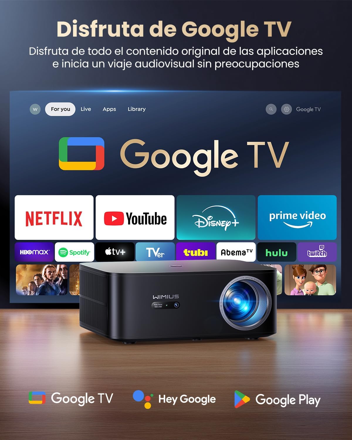 Proyector 4K【1400 ANSI/Google TV/Netflix Ready】 WiMiUS Proyector Full HD 1080P Nativo, Auto Focus/Keystone, WiFi 6&Bluetooth 5.2, Control de Voz Projector en Casa/Exterior (Negro) - 2