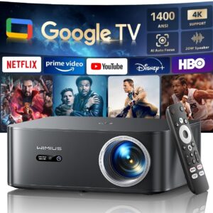 Proyector 4K【1400 ANSI/Google TV/Netflix Ready】 WiMiUS Proyector Full HD 1080P Nativo, Auto Focus/Keystone, WiFi 6&Bluetooth 5.2, Control de Voz Projector en Casa/Exterior (Negro)