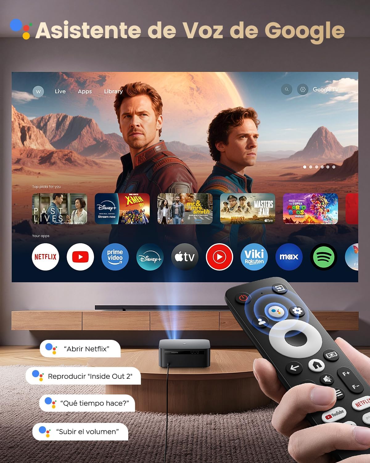 Proyector 4K【1400 ANSI/Google TV/Netflix Ready】 WiMiUS Proyector Full HD 1080P Nativo, Auto Focus/Keystone, WiFi 6&Bluetooth 5.2, Control de Voz Projector en Casa/Exterior (Negro) - 4