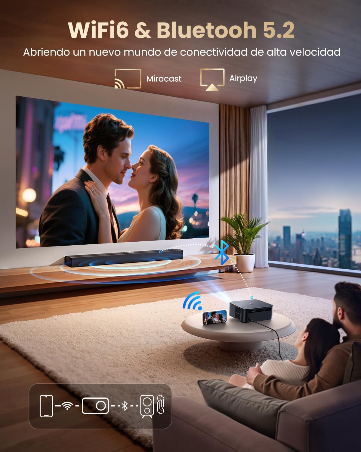 Proyector 4K【1400 ANSI/Google TV/Netflix Ready】 WiMiUS Proyector Full HD 1080P Nativo, Auto Focus/Keystone, WiFi 6&Bluetooth 5.2, Control de Voz Projector en Casa/Exterior (Negro) - 5