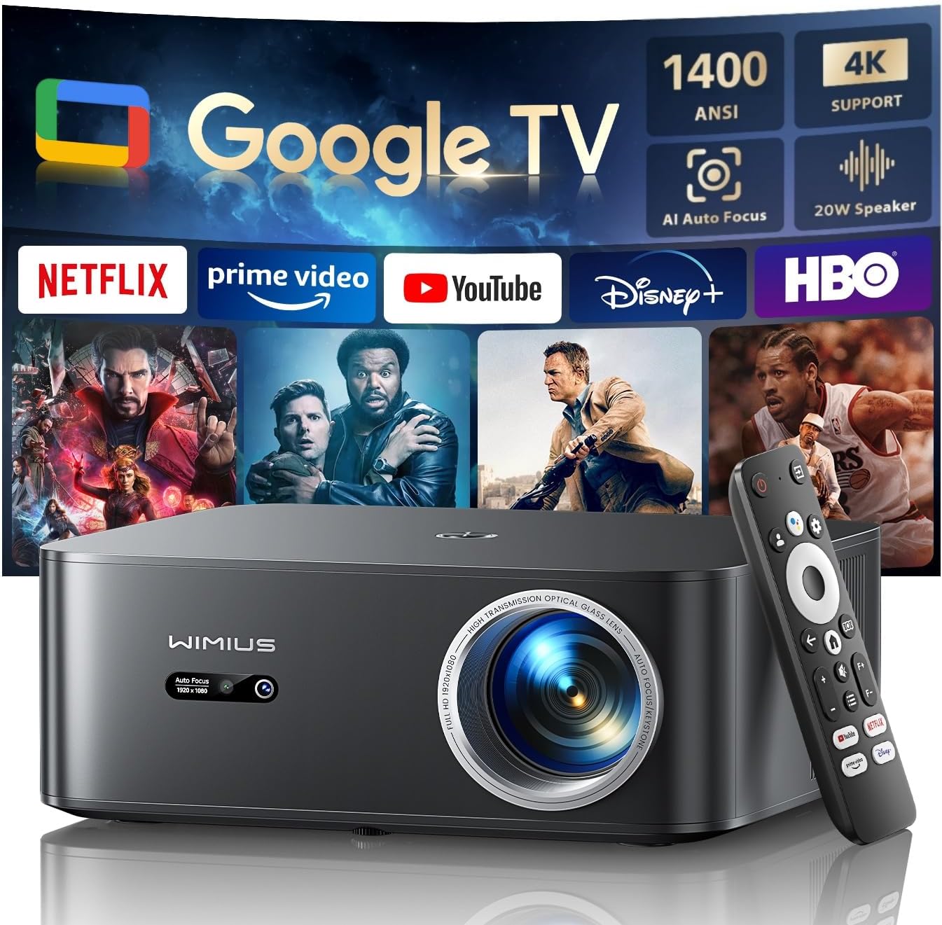 Proyector 4K【1400 ANSI/Google TV/Netflix Ready】 WiMiUS Proyector Full HD 1080P Nativo, Auto Focus/Keystone, WiFi 6&Bluetooth 5.2, Control de Voz Projector en Casa/Exterior (Negro) - 1
