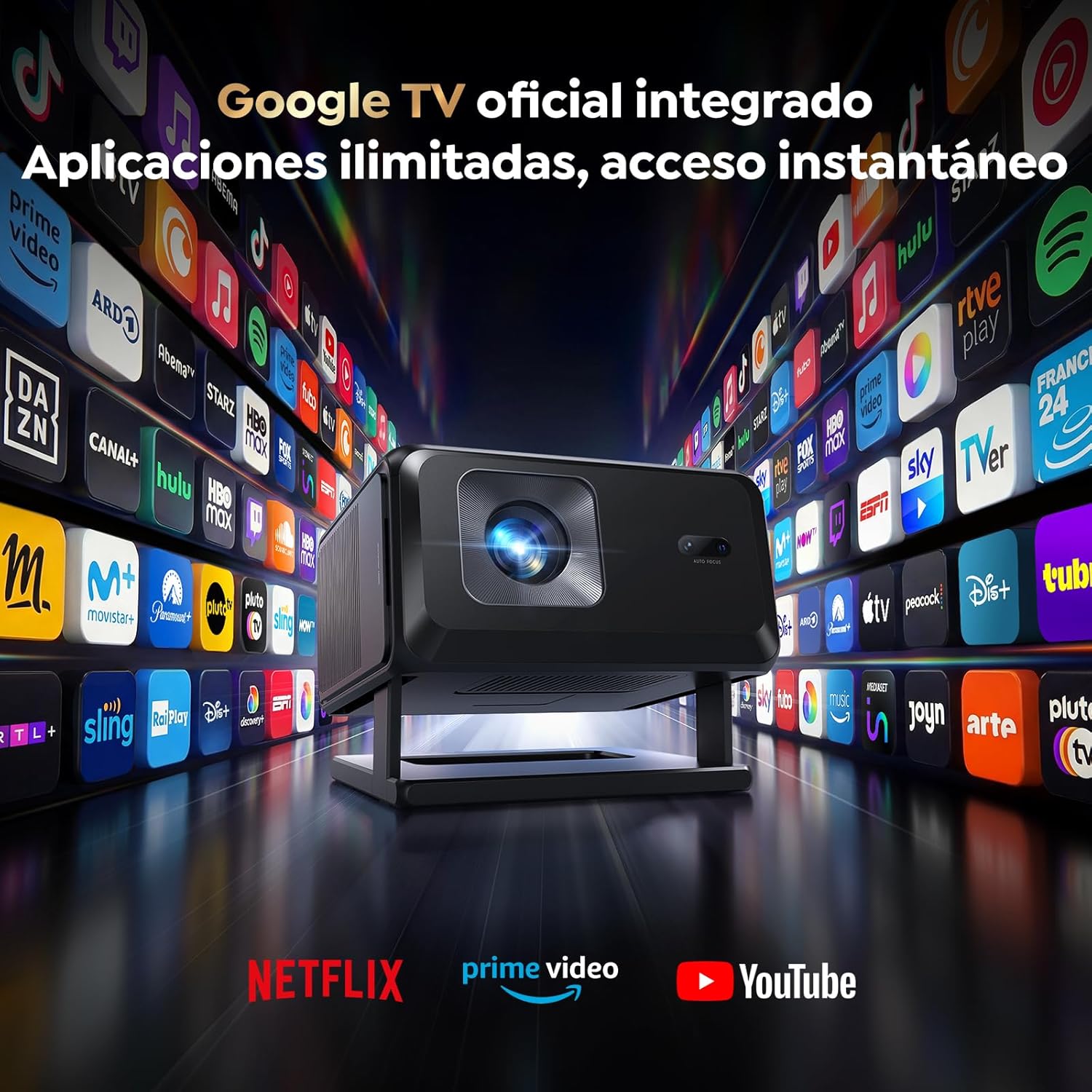 Proyector 4K【Google TV/Official Apps/Auto Focus/Keystone】Proyector Portatil App Integrada Control del lenguaje 1080P FHD Nativo,WiFi 6 & Bluetooth SmartProyector para Movil/Exterior/Cine en Casa/Techo - 2