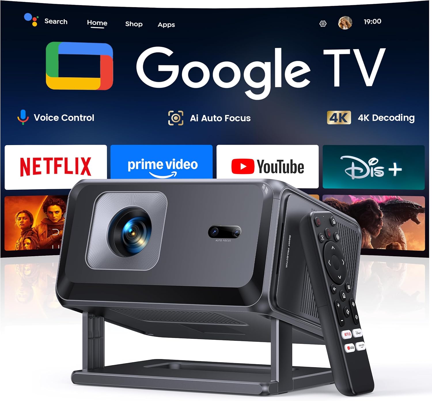 Proyector 4K【Google TV/Official Apps/Auto Focus/Keystone】Proyector Portatil App Integrada Control del lenguaje 1080P FHD Nativo,WiFi 6 & Bluetooth SmartProyector para Movil/Exterior/Cine en Casa/Techo - 1