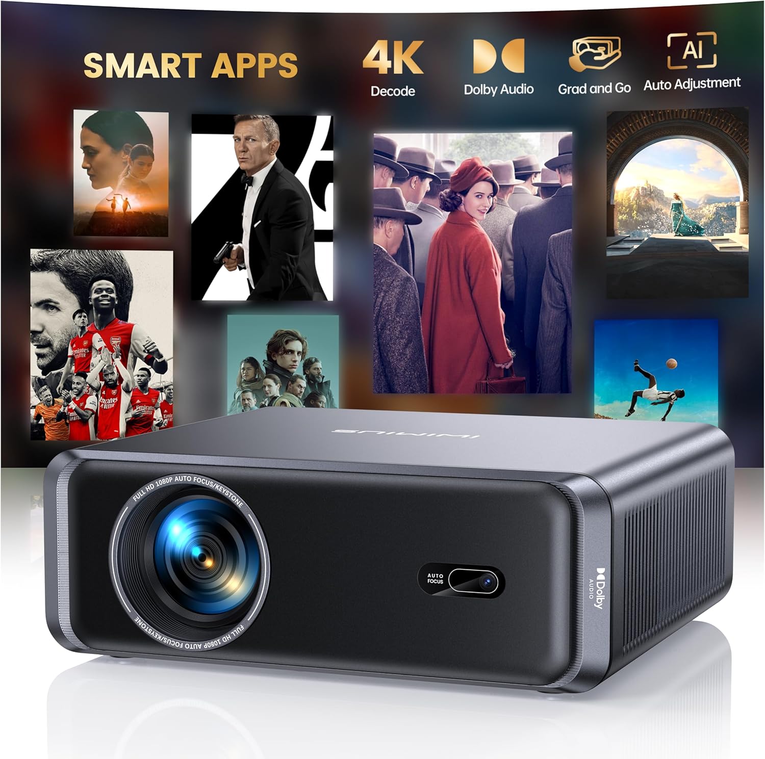 Proyector 4K【Netflix Incluido/Dolby】 35000 Lúmenes Smart Proyector 4K Auto Focus/Keystone WiFi Bluetooth FHD 1080P,HDR10, Apps Oficiales Proyectors Portátil WiFi6 Cine en Casa/Exterior/Regalo HDMIARC - 1
