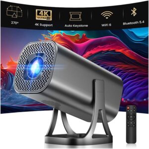 Proyector Portátil 1080P Soporte 4K con WiFi 6 Bluetooth 5.4, Android 12.0 Mini Portable Proyector 22000 Lúmenes, 270° Rotation Auto Keystone Compatibile HDMI USB TF Laptop PC Teléfono Hogar Exterior