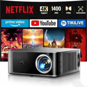 Proyector【1400 ANSI/App Oficial Integrada/36W Dolby】Smart Proyector 4K Compatible con Netflix AI Auto Focus/Keystone, Proyector1080P Nativo WiFi6 Bluetooth5.2 Zoom 50% Cine en Casa/Exterior para Movil