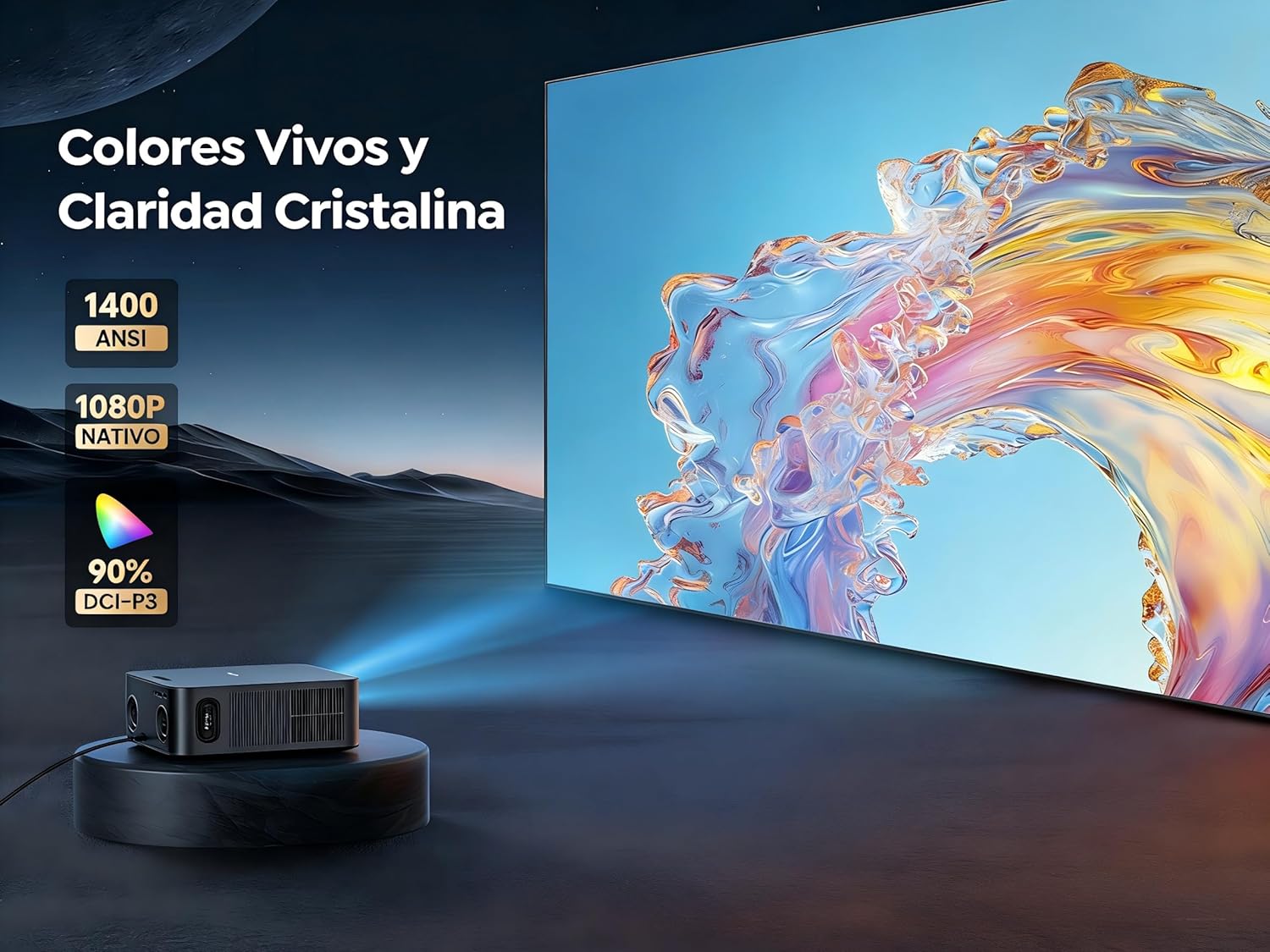 Proyector【1400 ANSI/App Oficial Integrada/36W Dolby】Smart Proyector 4K Compatible con Netflix AI Auto Focus/Keystone, Proyector1080P Nativo WiFi6 Bluetooth5.2 Zoom 50% Cine en Casa/Exterior para Movil - 4