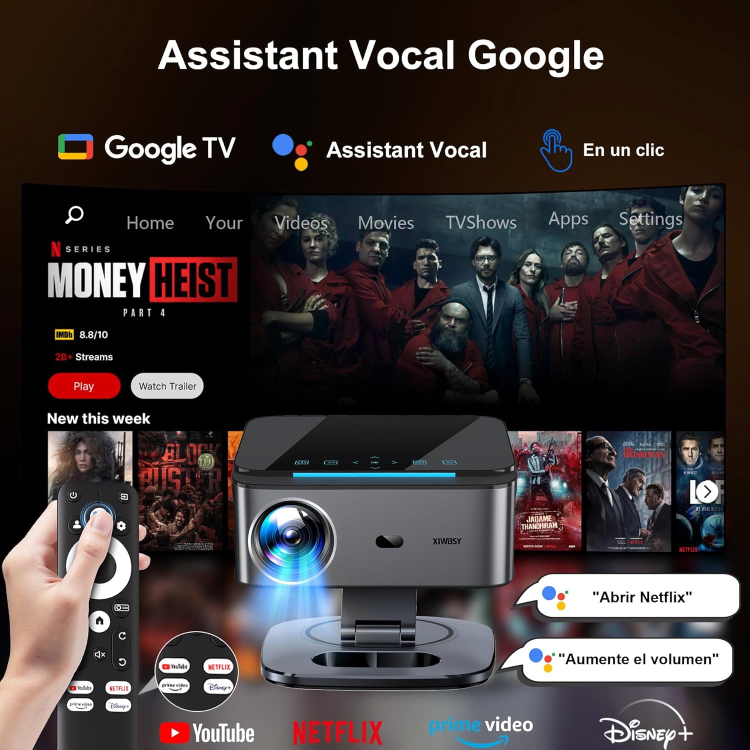 Proyector【1500 ANSI/Google TV/Auto Focus】 XIWBSY Proyector Portatil 38000 Lúmenes, Gira 360 °, WiFi 6 Bluetooth 5.3, Control por Voz, Soporte 4K 1080P, Proyectores Video Cine En Casa/Exterior Netflix - 2