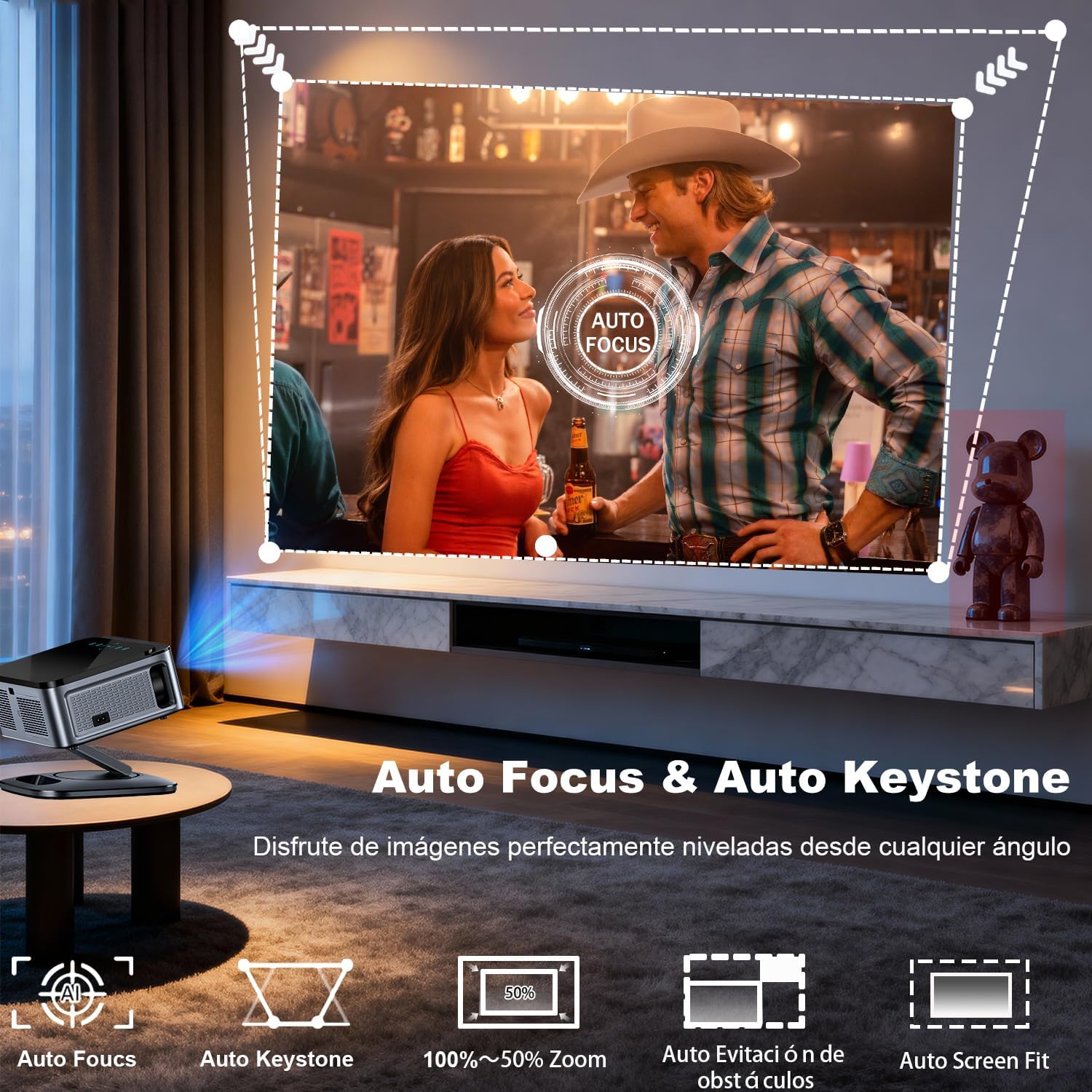 Proyector【1500 ANSI/Google TV/Auto Focus】 XIWBSY Proyector Portatil 38000 Lúmenes, Gira 360 °, WiFi 6 Bluetooth 5.3, Control por Voz, Soporte 4K 1080P, Proyectores Video Cine En Casa/Exterior Netflix - 3
