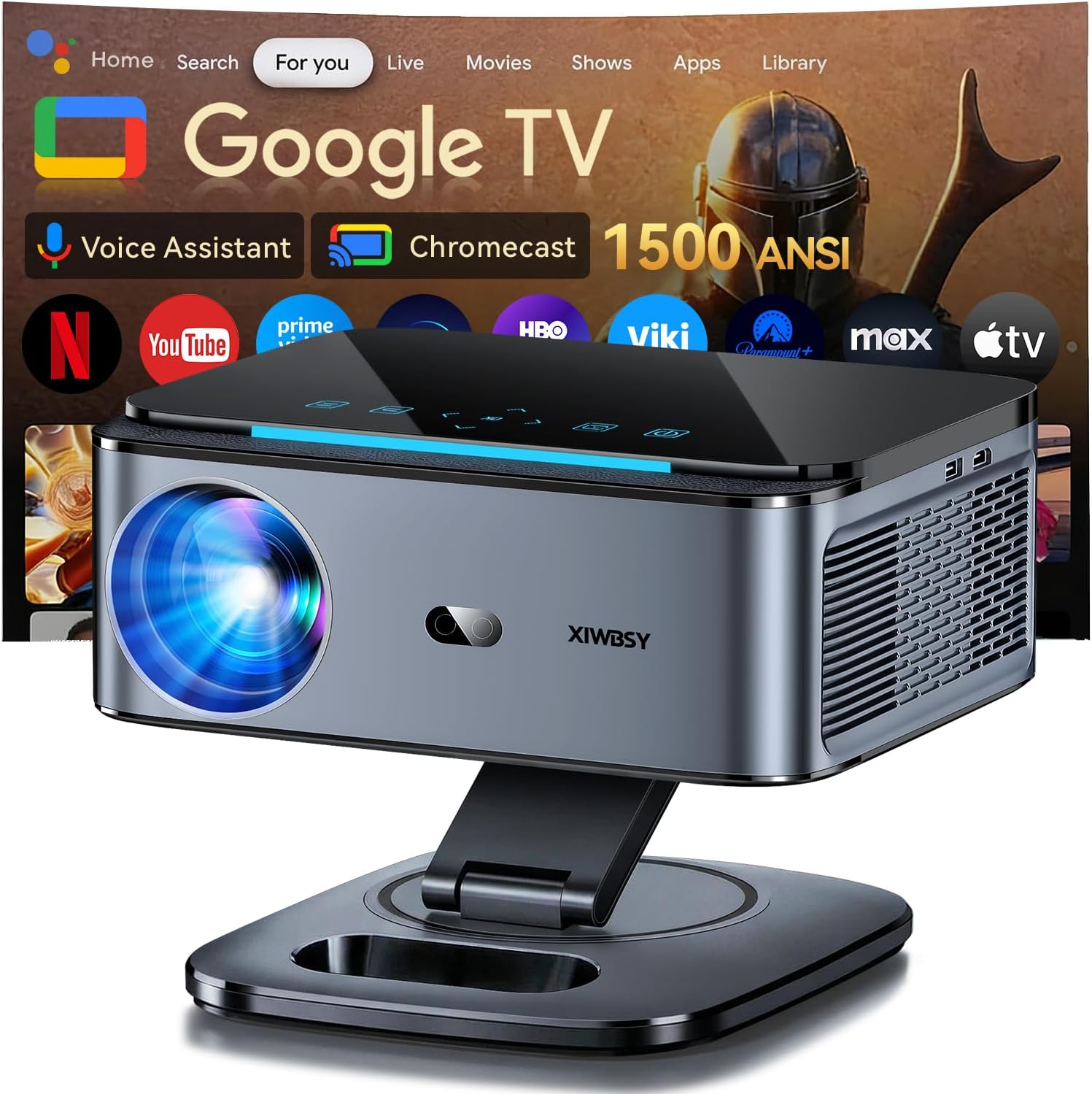 Proyector【1500 ANSI/Google TV/Auto Focus】 XIWBSY Proyector Portatil 38000 Lúmenes, Gira 360 °, WiFi 6 Bluetooth 5.3, Control por Voz, Soporte 4K 1080P, Proyectores Video Cine En Casa/Exterior Netflix - 1
