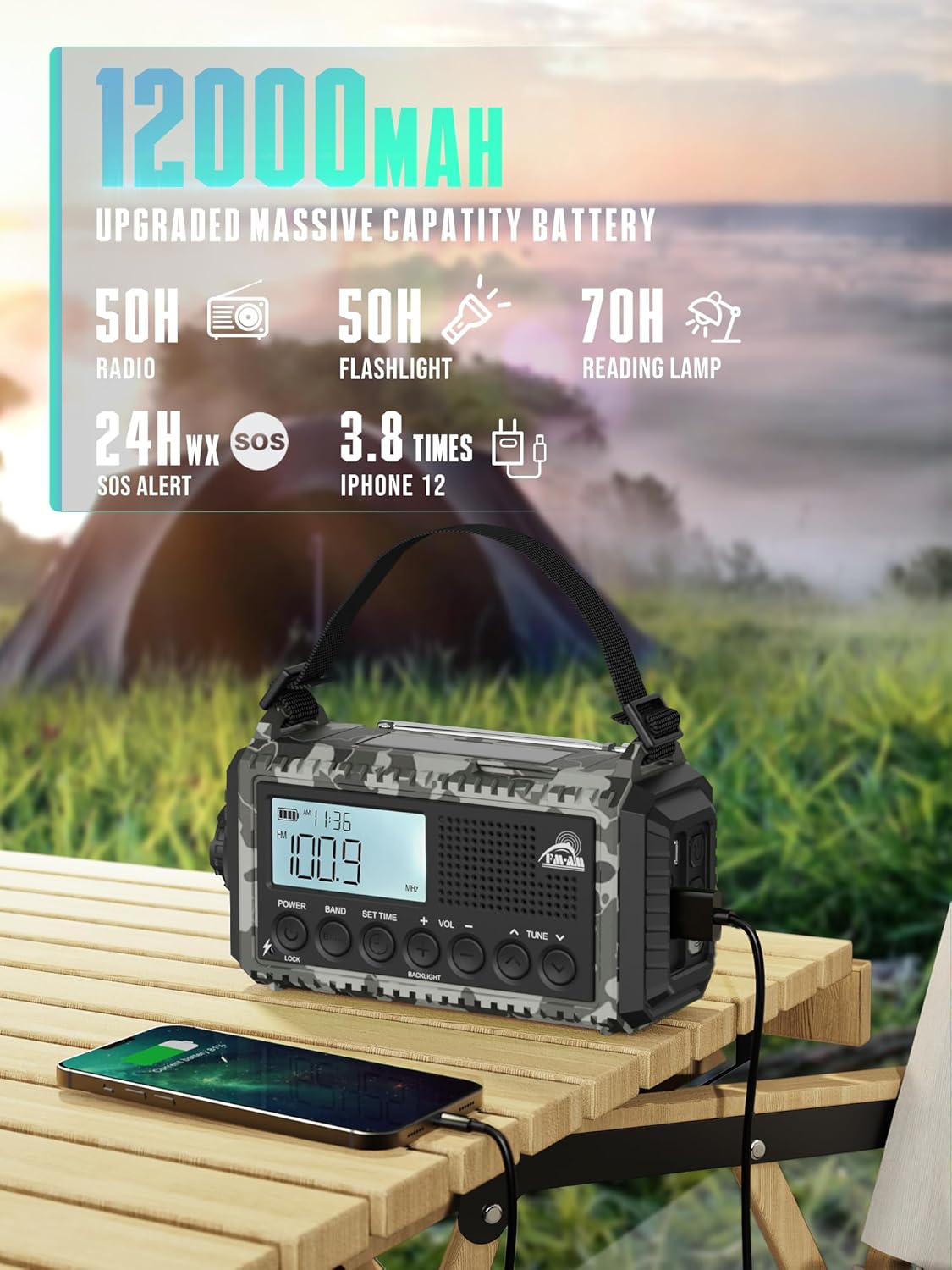 Radio Solar Portatil, Pilas Emergencia 12000mah Bateria Recargable, FM/Am/SW, Lámpara Lectura, Linterna, SOS, USB/Tipo C, Radio Dinamo para Acampar, Senderismo, Equipo de Emergencia para Camping - 2
