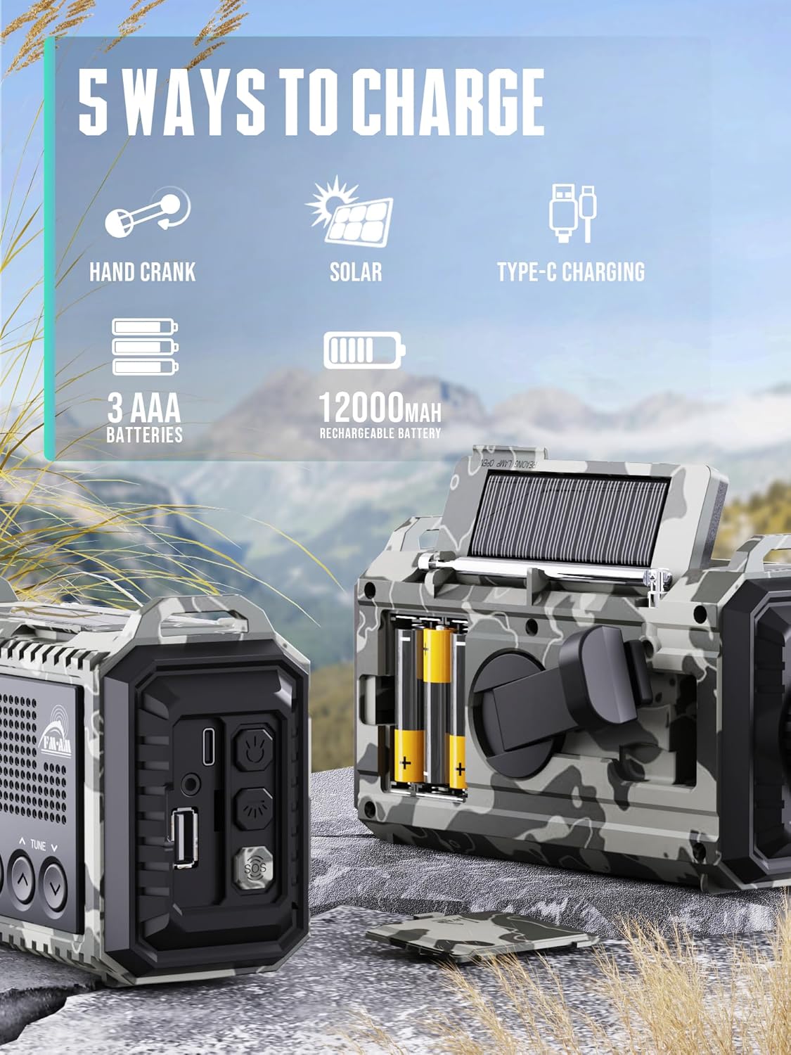 Radio Solar Portatil, Pilas Emergencia 12000mah Bateria Recargable, FM/Am/SW, Lámpara Lectura, Linterna, SOS, USB/Tipo C, Radio Dinamo para Acampar, Senderismo, Equipo de Emergencia para Camping - 4