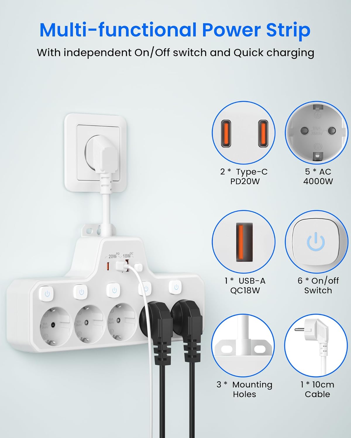 Regletas Enchufes Proteccion Sobretension, Ladron Enchufes con Interruptor,Regleta 5 Tomas con USB Carga rápida PD20W,Base Enchufe Multiple Interruptor Independiente,Enchufe Pared Cable Corto,Blanco - 2