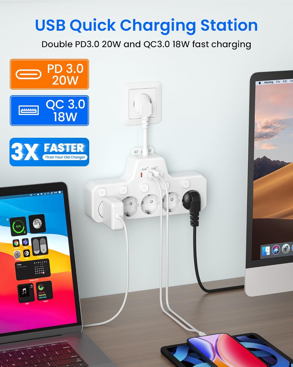 Regletas Enchufes Proteccion Sobretension, Ladron Enchufes con Interruptor,Regleta 5 Tomas con USB Carga rápida PD20W,Base Enchufe Multiple Interruptor Independiente,Enchufe Pared Cable Corto,Blanco - 3