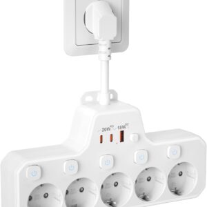Regletas Enchufes Proteccion Sobretension, Ladron Enchufes con Interruptor,Regleta 5 Tomas con USB Carga rápida PD20W,Base Enchufe Multiple Interruptor Independiente,Enchufe Pared Cable Corto,Blanco