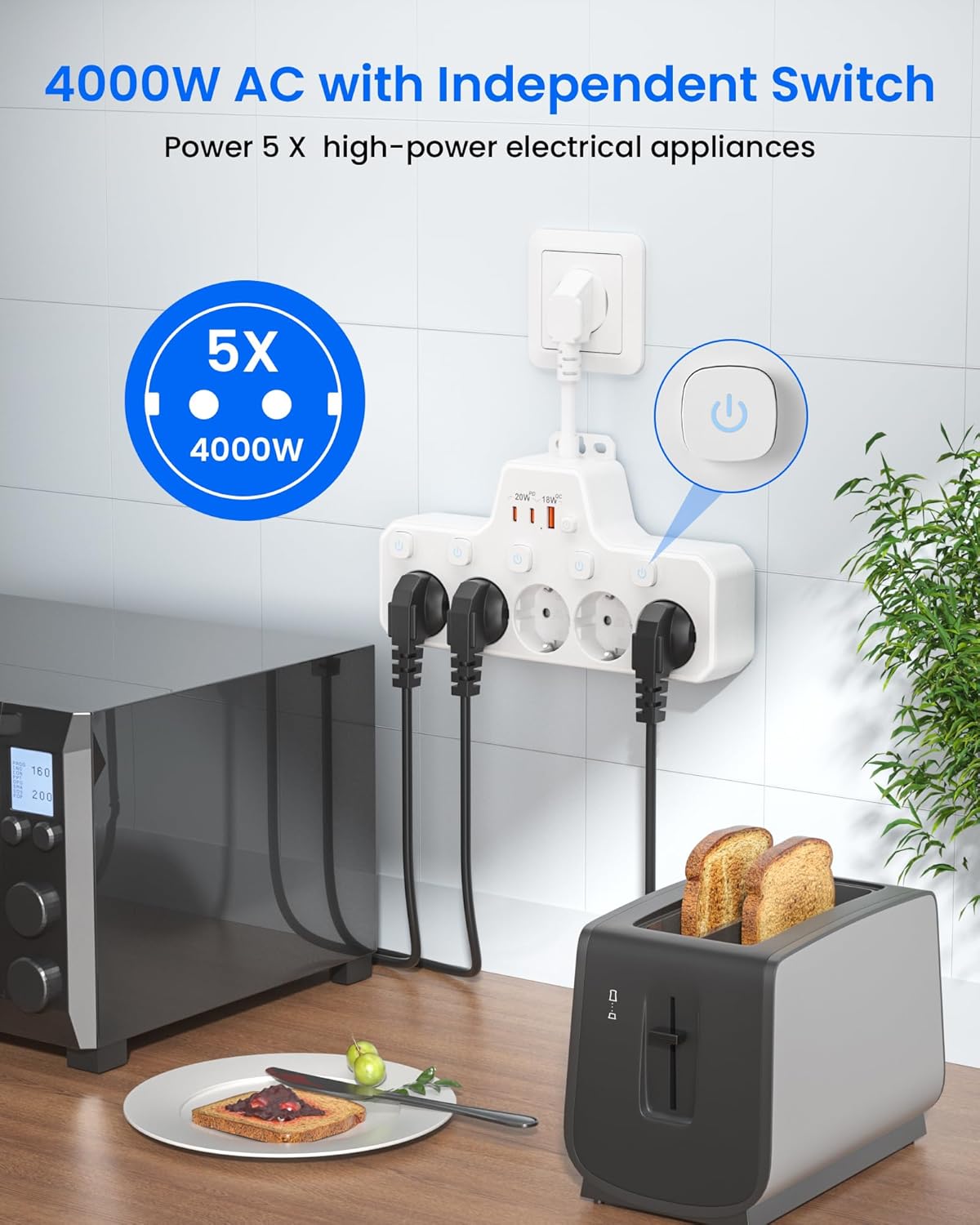 Regletas Enchufes Proteccion Sobretension, Ladron Enchufes con Interruptor,Regleta 5 Tomas con USB Carga rápida PD20W,Base Enchufe Multiple Interruptor Independiente,Enchufe Pared Cable Corto,Blanco - 4