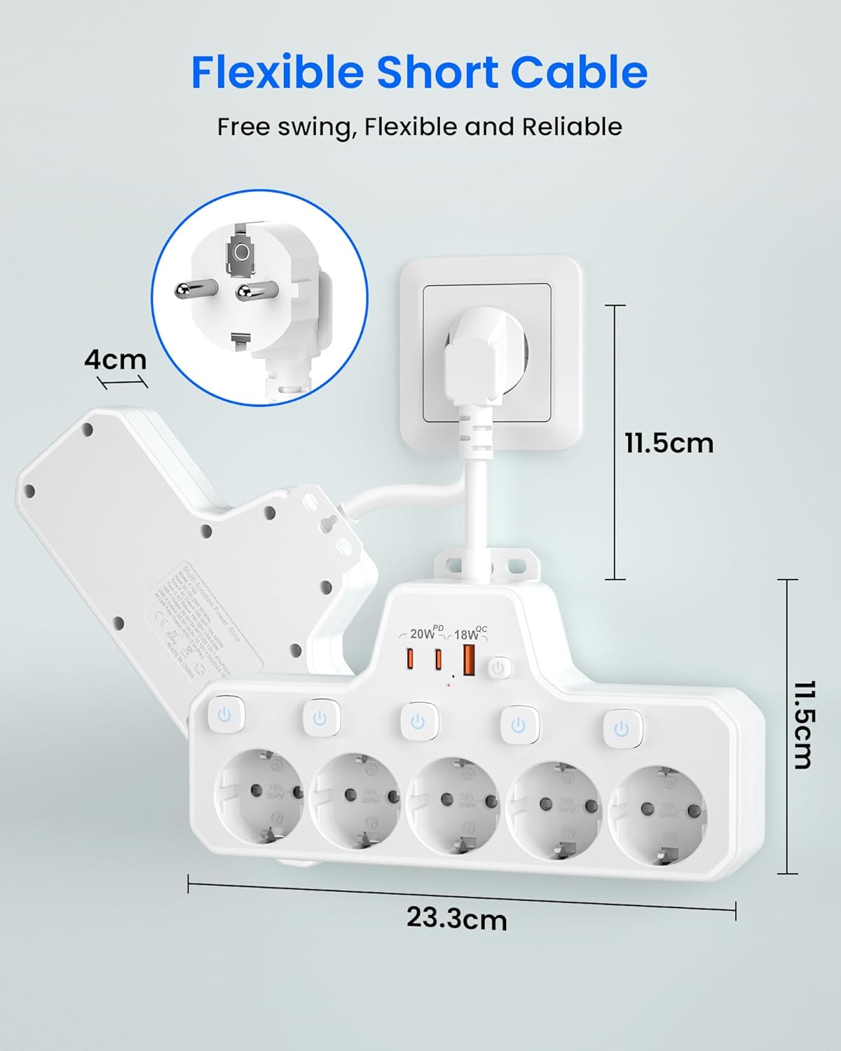 Regletas Enchufes Proteccion Sobretension, Ladron Enchufes con Interruptor,Regleta 5 Tomas con USB Carga rápida PD20W,Base Enchufe Multiple Interruptor Independiente,Enchufe Pared Cable Corto,Blanco - 6