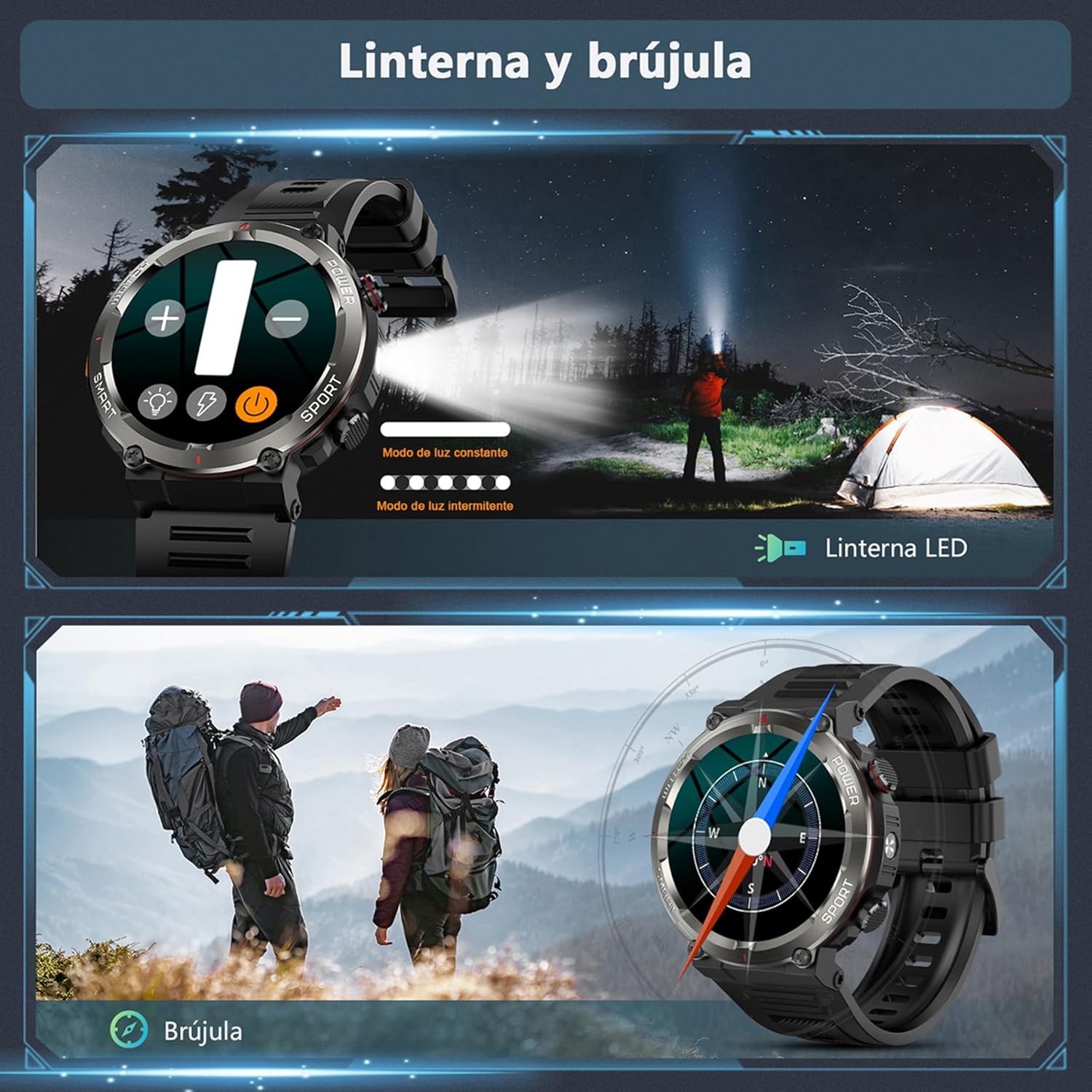 Reloj Inteligente Hombre, 1.45" Smartwatch Hombre con Linterna y Brújula, Smartwatch con Llamadas Bluetooth, 120+ Modos Deportivos, 2 Correas, IP68 Impermeable Reloj Inteligente para Android iOS - 3