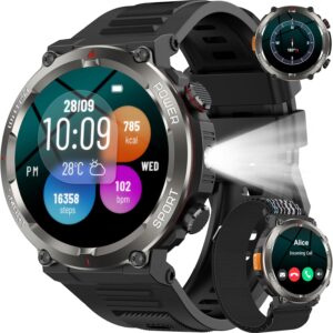 Reloj Inteligente Hombre, 1.45" Smartwatch Hombre con Linterna y Brújula, Smartwatch con Llamadas Bluetooth, 120+ Modos Deportivos, 2 Correas, IP68 Impermeable Reloj Inteligente para Android iOS