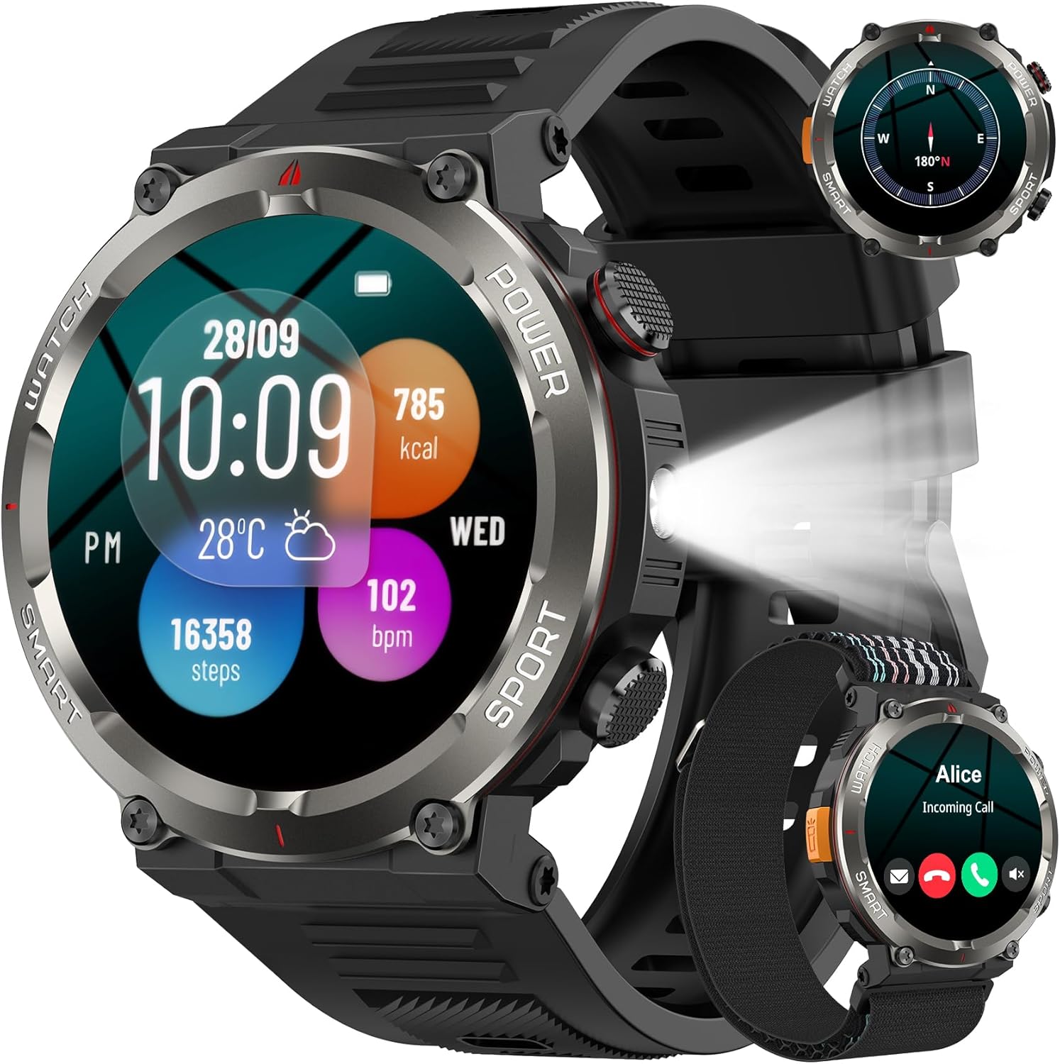 Reloj Inteligente Hombre, 1.45" Smartwatch Hombre con Linterna y Brújula, Smartwatch con Llamadas Bluetooth, 120+ Modos Deportivos, 2 Correas, IP68 Impermeable Reloj Inteligente para Android iOS - 1