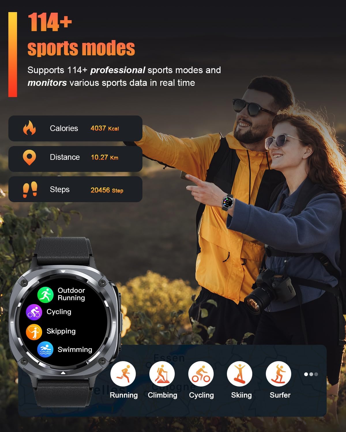 Reloj Inteligente Hombre Militar, 1.45" HD Smartwatch Hombre con Llamadas BT 5.3, 114+ Modos Deportivos, Monitor de Sueño/Podómetro/Pulsómetro, IP68 Impermeable Pulsera Actividad para Android iOS - 3