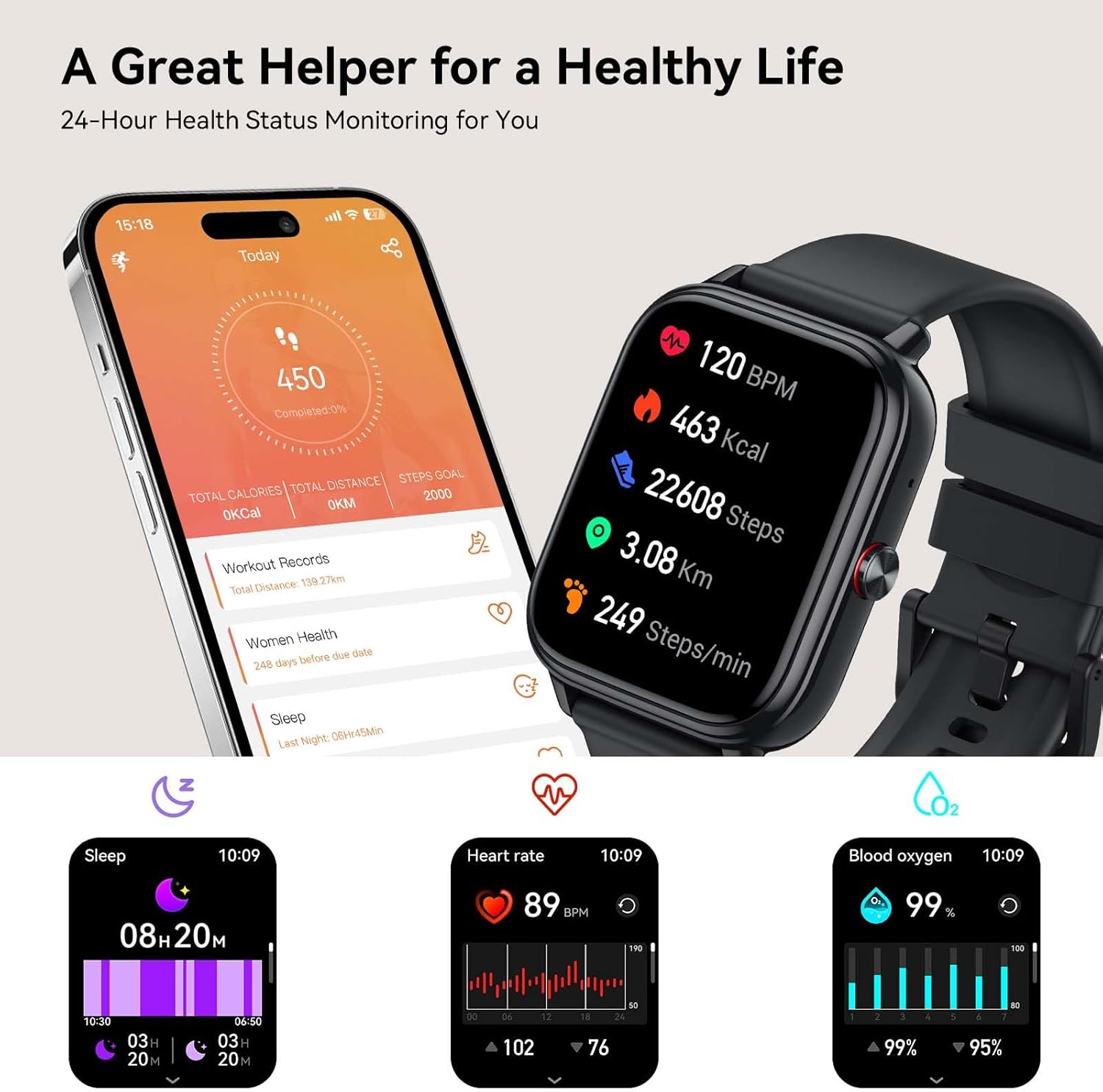 Reloj Inteligente Hombre Mujer, 1.83"HD Smartwatch con Llamadas Bluetooth, Batería de 1000mAh, Autonomía de 20 Días, Impermeable IP68, 110+ Deportivos Modos, Reloj Deportivo para Android iOS - 3