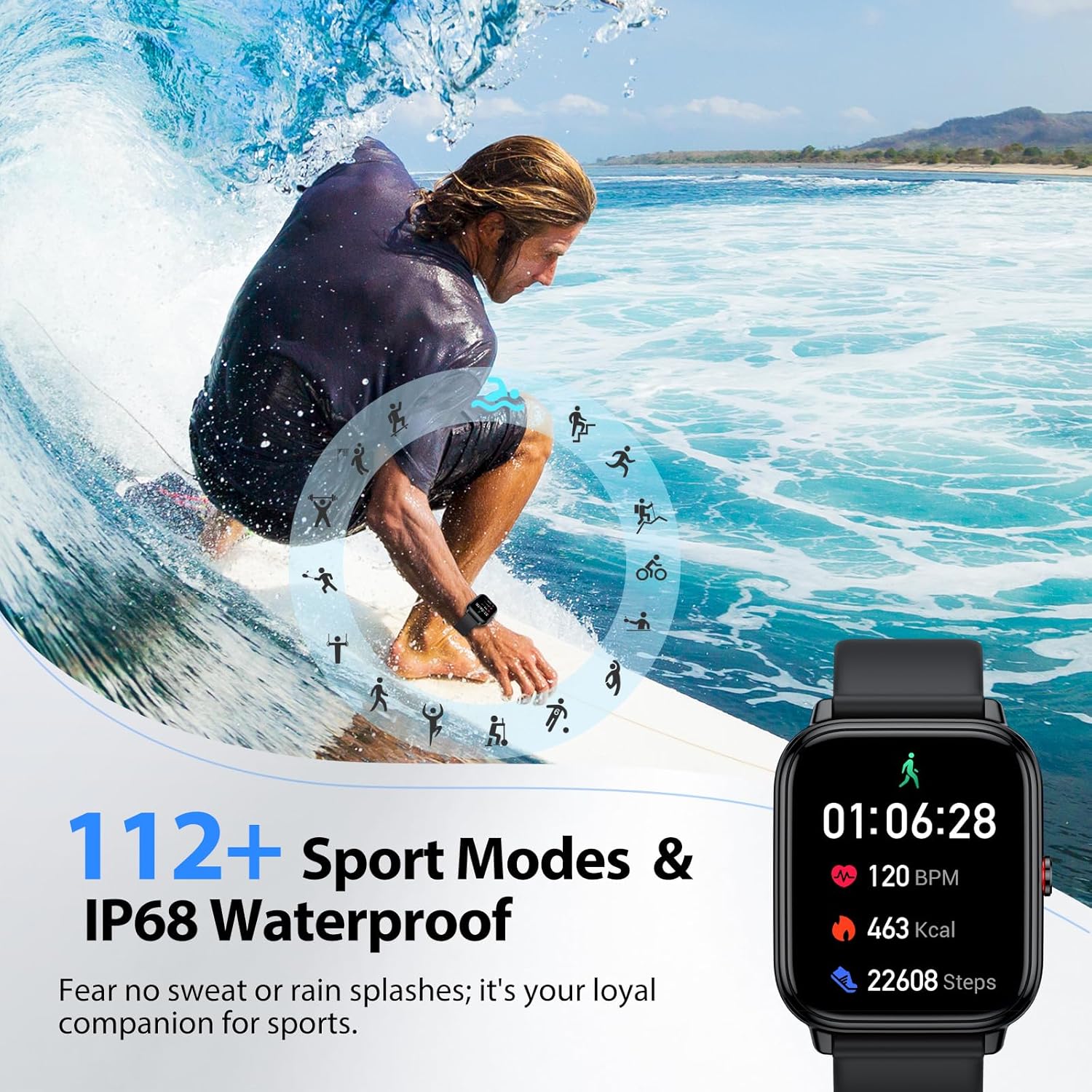 Reloj Inteligente Hombre Mujer, 1.83"HD Smartwatch con Llamadas Bluetooth, Batería de 1000mAh, Autonomía de 20 Días, Impermeable IP68, 110+ Deportivos Modos, Reloj Deportivo para Android iOS - 6