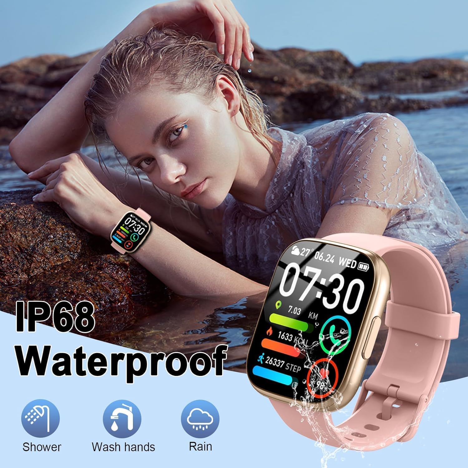 Reloj Inteligente Hombre Mujer con Alexa, 1,83" Smartwatch con Llamadas Bluetooth,120+ Deportivos Smart Watch con Pulsómetro/Podómetro/Monitor de Sueño, IP68 Pulsera Actividad para Android iOS, Rosa - 2